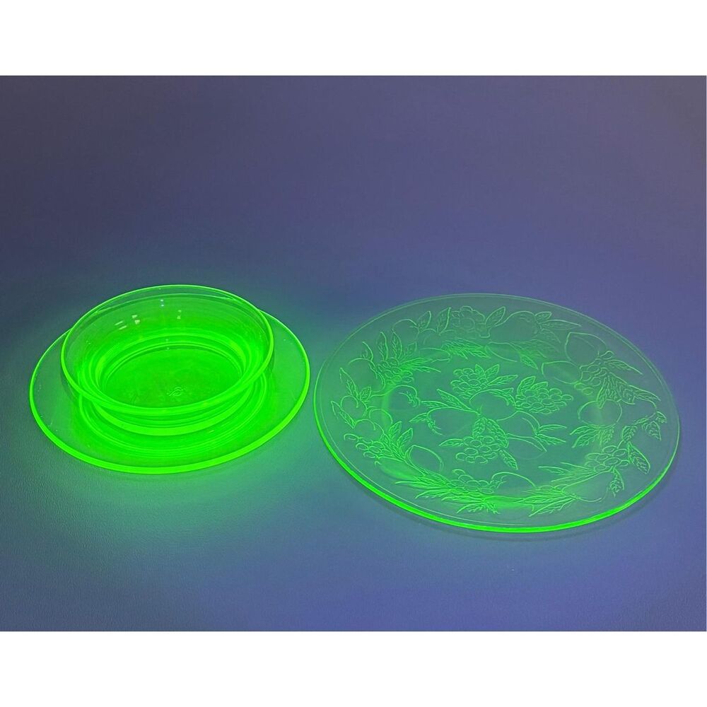 Vintage Vaseline Uranium Glass Plate & Bowl Combo Set Depression Glass MCM